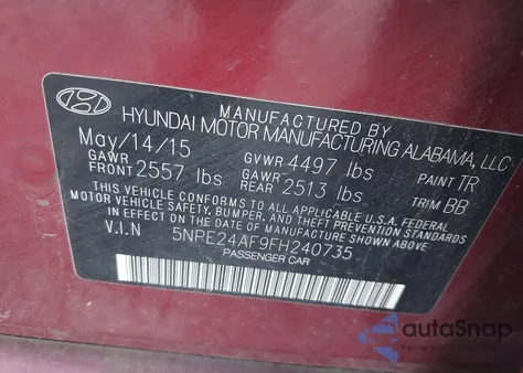 2015 Hyundai Sonata Se from USA, damaged, VIN 5NPE24AF9FH240735